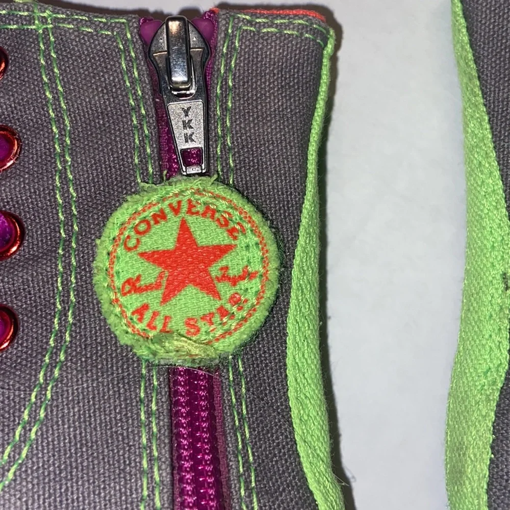 Converse All Star gray, orange, neon green, and purple high top sneakers size 5